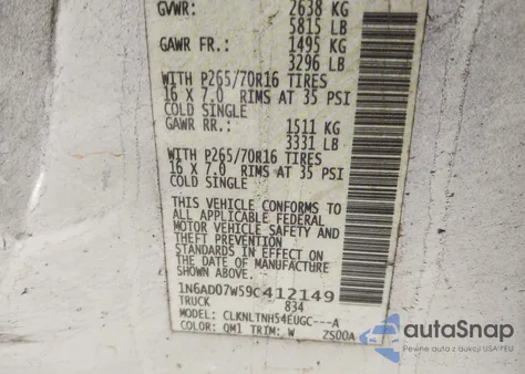 2009 Nissan Frontier Se z USA, uszkodzony, nr VIN 1N6AD07W59C412149